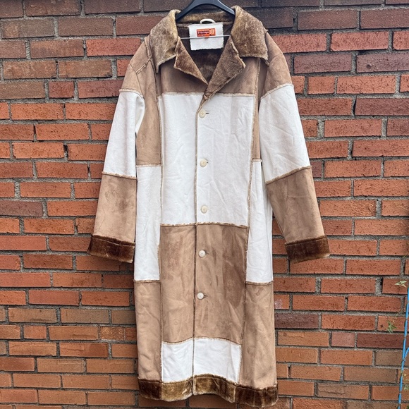 Royal Prestige Other - Royal Prestige Unisex Faux Suede Pimp Coat Patchwork Long Coat in Brown Cream